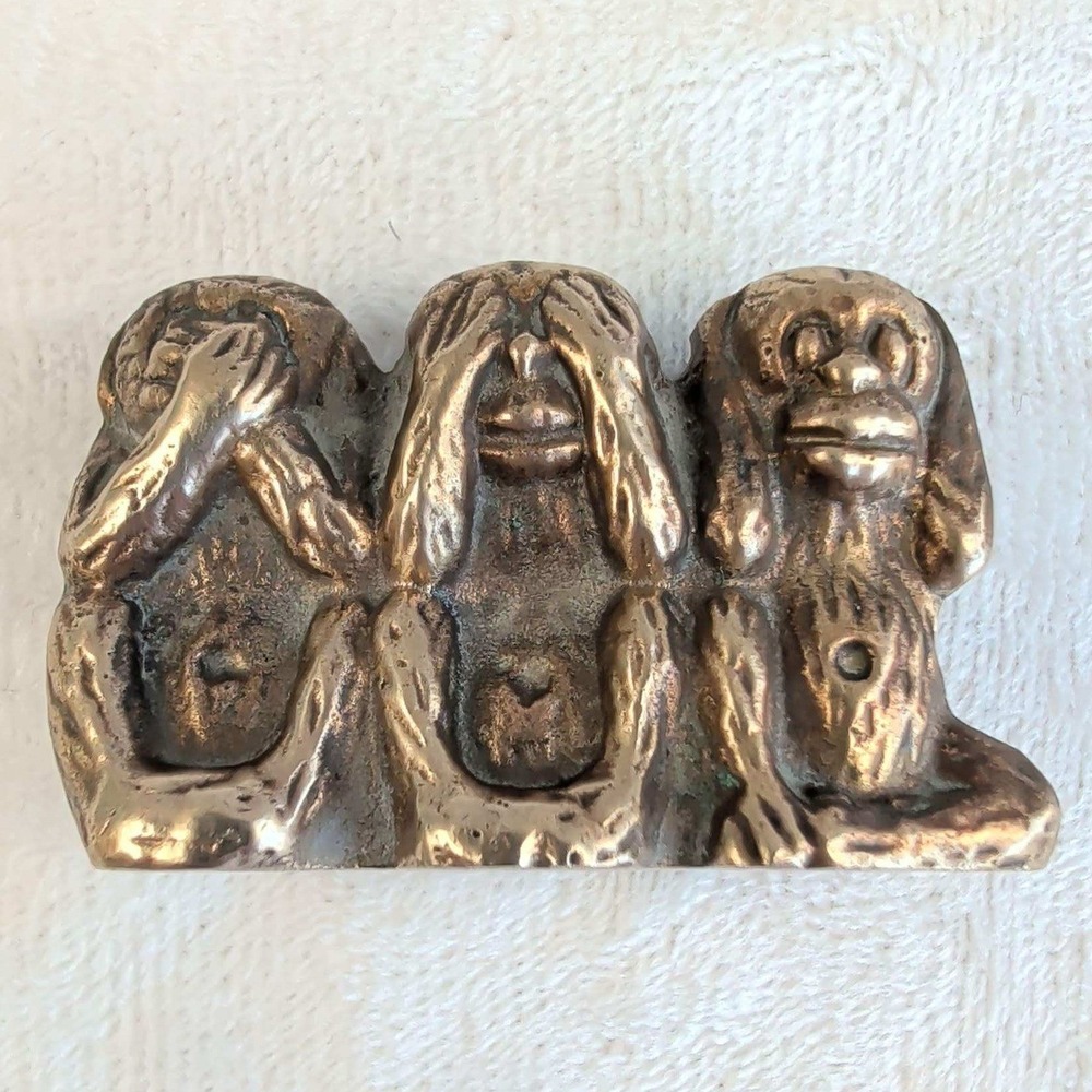 Vintage 80s Solid Brass Three Wise Monkeys Figurine See Hear Speak No Evil Small